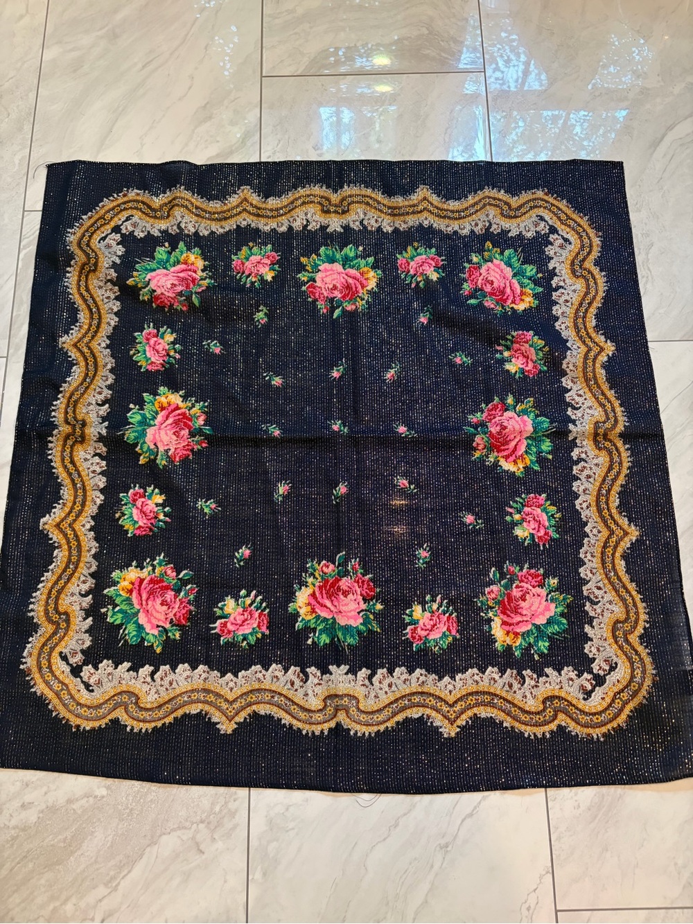 Vintage wool Japanese Square Scarf with Pink Rose Motif